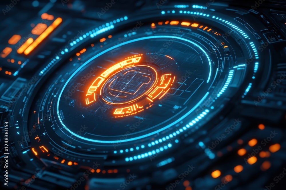 High tech digital interface showcasing glowing blue and orange circular elements, representing advanced technology and innovation in design High tech digital interface showcasing glowing blue and orange circular elements, representing advanced technology and innovation in design