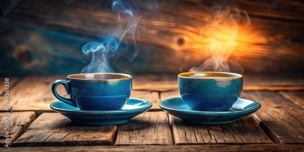 Two steaming cups of hot beverage on rustic wooden surface Two steaming cups of hot beverage on rustic wooden surface