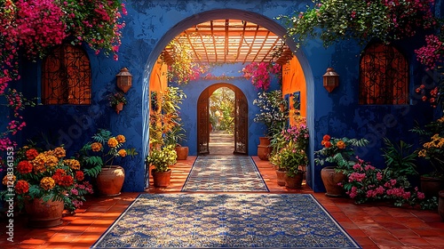 Spanish Courtyard Oasis: An enchanting Spanish-style courtyard with vibrant blue walls and terracotta tile floors creates an inviting and colorful space with flowering plants, arches.
