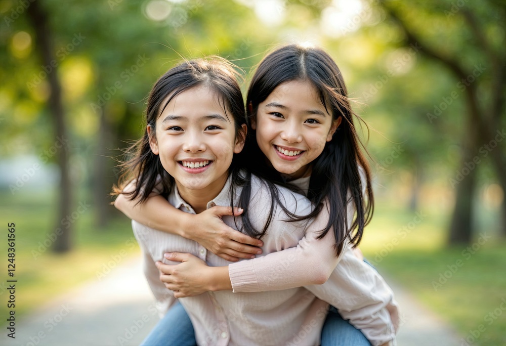asian little girl with elder sister at a park riding on her back asian little girl with elder sister at a park riding on her back