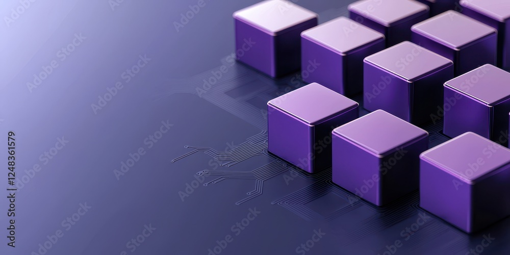 Fototapeta premium A close-up view of purple cubes arranged in a pattern on a dark surface, showcasing their geometric design and shadows.