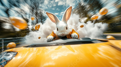 Osterhase als Rennfahrer fährt schnell und wirbelt Ostereier auf