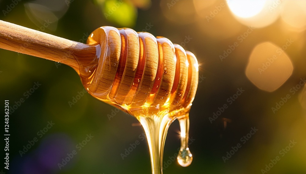 A macro shot of honey drizzling from a wooden dipper, glistening in the warm light, showcasing its smooth texture and golden color. A macro shot of honey drizzling from a wooden dipper, glistening in the warm light, showcasing its smooth texture and golden color.