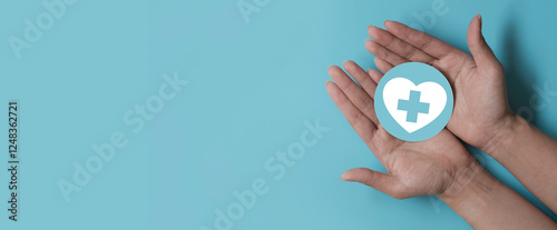 Health insurance concept. Health care checkup and healthy trends. Access to welfare health. Wellness and medical. Wood cube and healthcare insurance icon on pastel blue background. World health day