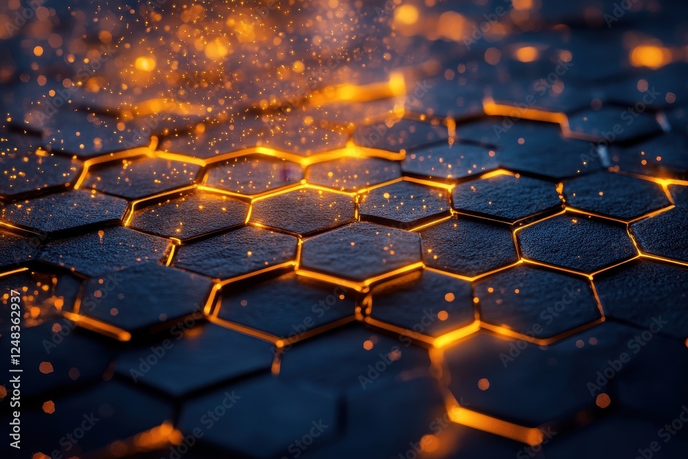Fototapeta premium Illuminated hexagonal shapes create a futuristic, glowing pattern with dynamic sparkling particles, evoking a sense of technology and innovation