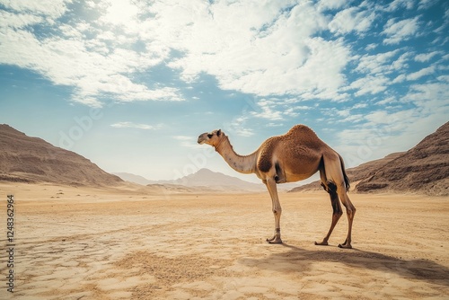 Desert camel standing, vast landscape, dramatic sky, travel inspiration photo