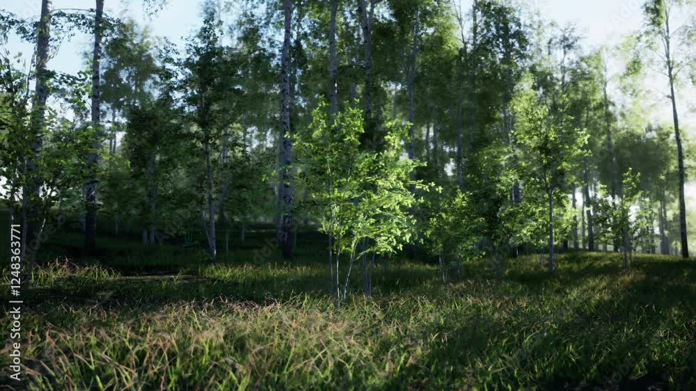 A forest filled with numerous trees, predominantly birch, and abundant grass covering the ground. A forest filled with numerous trees, predominantly birch, and abundant grass covering the ground.