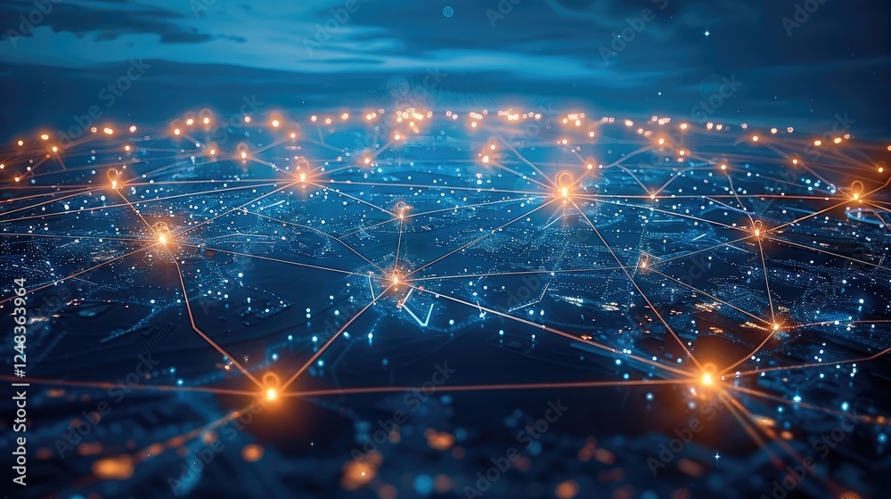 A futuristic image that represents the world being fully connected to technology and the growing importance of connected devices. taken from an elevated position.