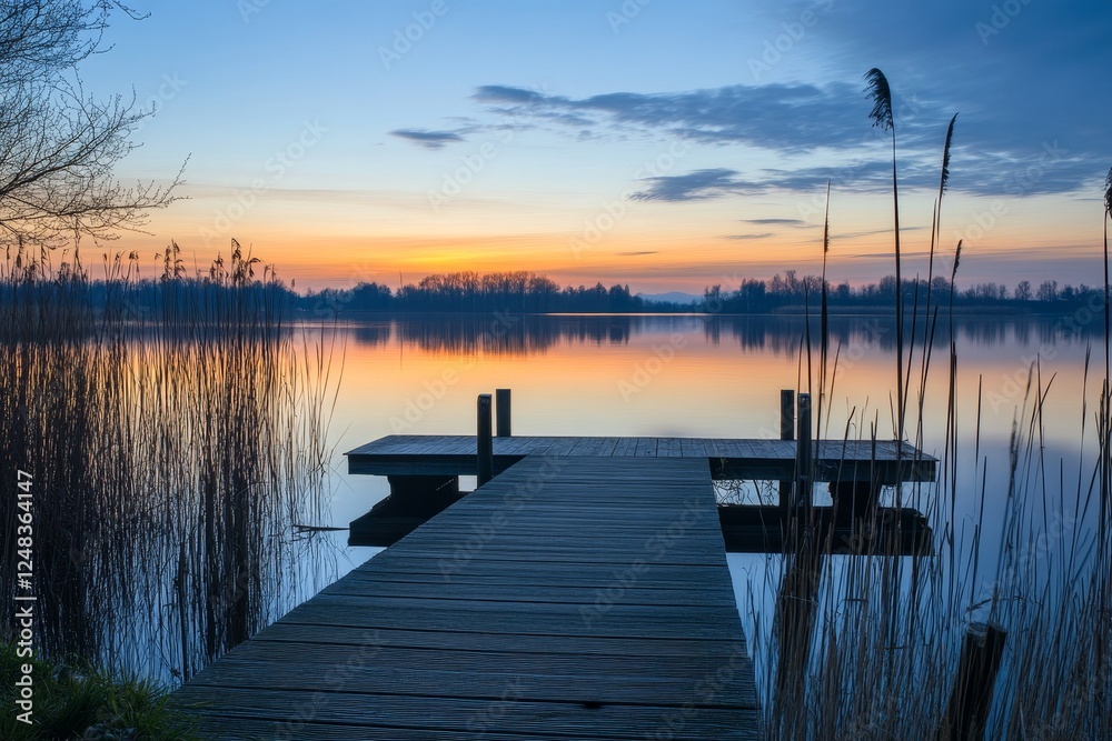 Peaceful wooden pier at sunrise on a tranquil lake Peaceful wooden pier at sunrise on a tranquil lake