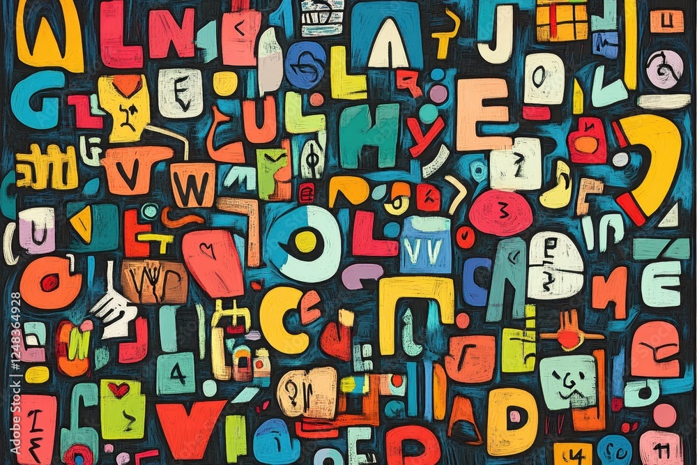 Vibrant and eclectic arrangement of colorful alphabet letters, forming an abstract design with a playful and artistic vibe. Perfect for creative projects Vibrant and eclectic arrangement of colorful alphabet letters, forming an abstract design with a playful and artistic vibe. Perfect for creative projects