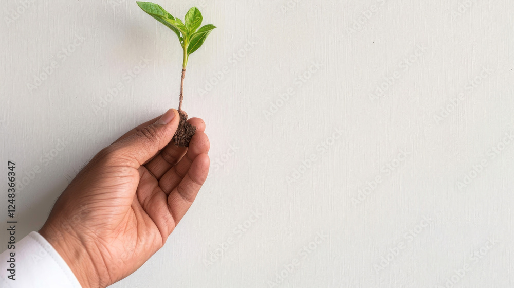 Young green plant seedling in hand showcasing growth and sustainability, representing environmental awareness and nature conservation efforts in modern horticulture Young green plant seedling in hand showcasing growth and sustainability, representing environmental awareness and nature conservation efforts in modern horticulture