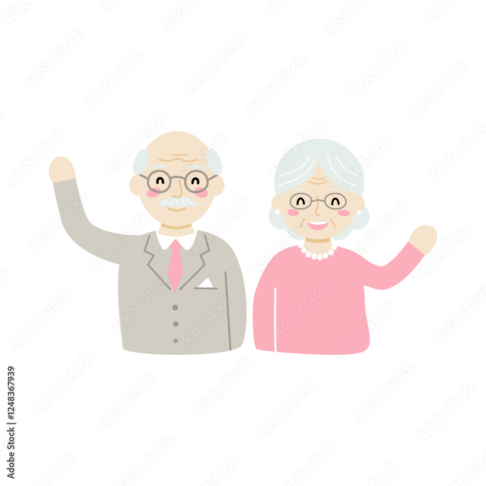 Happy Elderly Couple Smiling and Waving in Cheerful Senior Moment Happy Elderly Couple Smiling and Waving in Cheerful Senior Moment