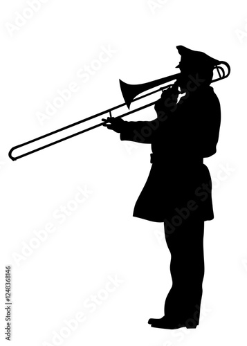 Military musicians in old uniforms with wind instruments on a white background