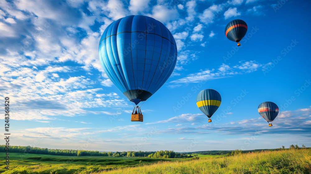Obraz premium Serene sky filled with blue balloons floating upwards during daytime 3d render illustration. 3D Illustration