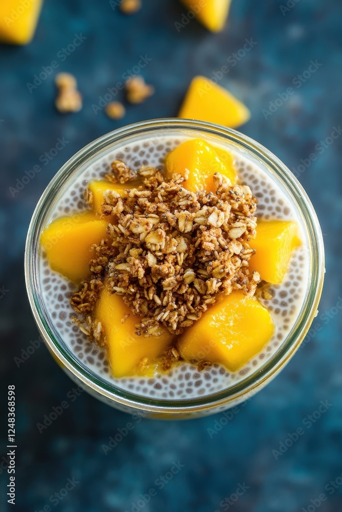 Overhead shot of a vibrant chia seed pudding parfait layered with creamy mango puree and fresh toppings. Overhead shot of a vibrant chia seed pudding parfait layered with creamy mango puree and fresh toppings.
