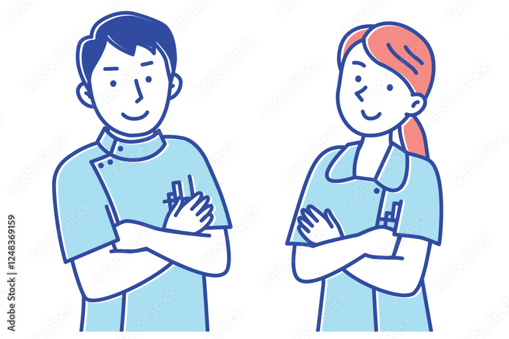 腕組みしてこちらを見る自信に溢れた看護師の男女のイラスト