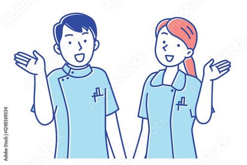 手を上げて案内する若い看護師の男女のイラスト