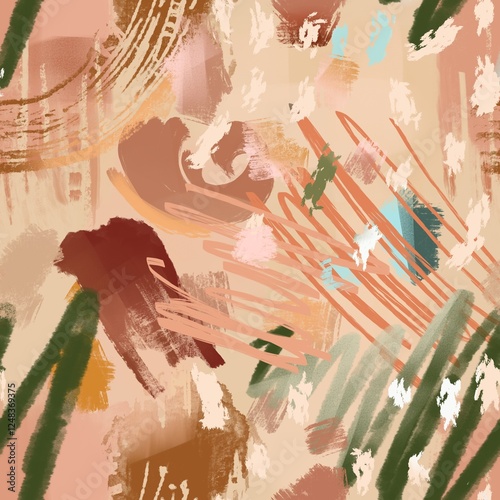 abstract seamless pattern with earthy tones of beige, terracotta, and olive green, ideal for fabric, stationery, or home decor