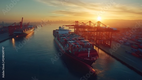 Aerial sunset view of cargo ships at port of los angeles