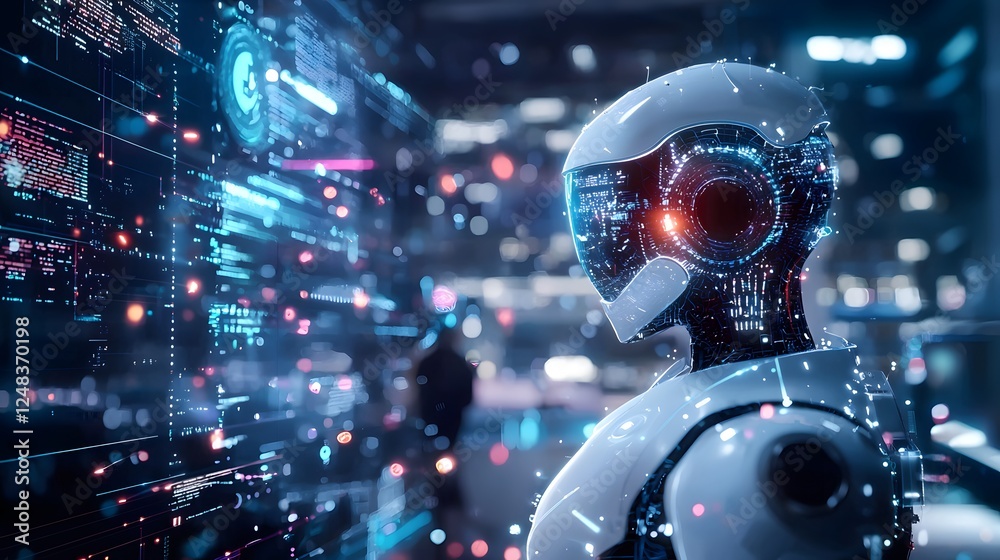 Futuristic ai robot in sci-fi city nighttime digital illustration Futuristic ai robot in sci-fi city nighttime digital illustration