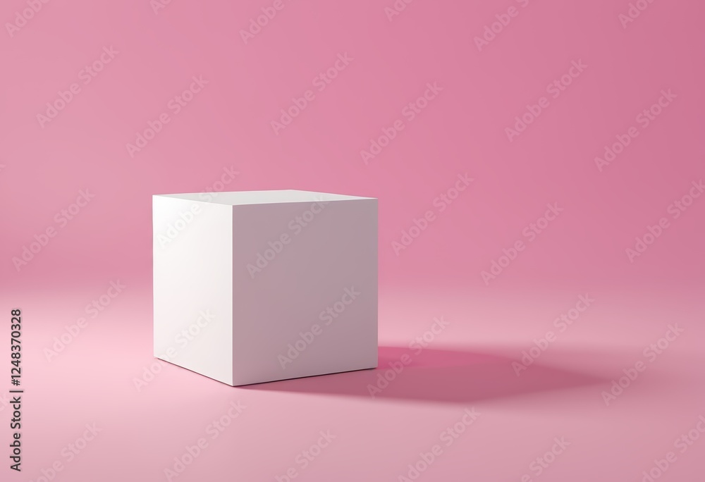 A white cube on a pink background