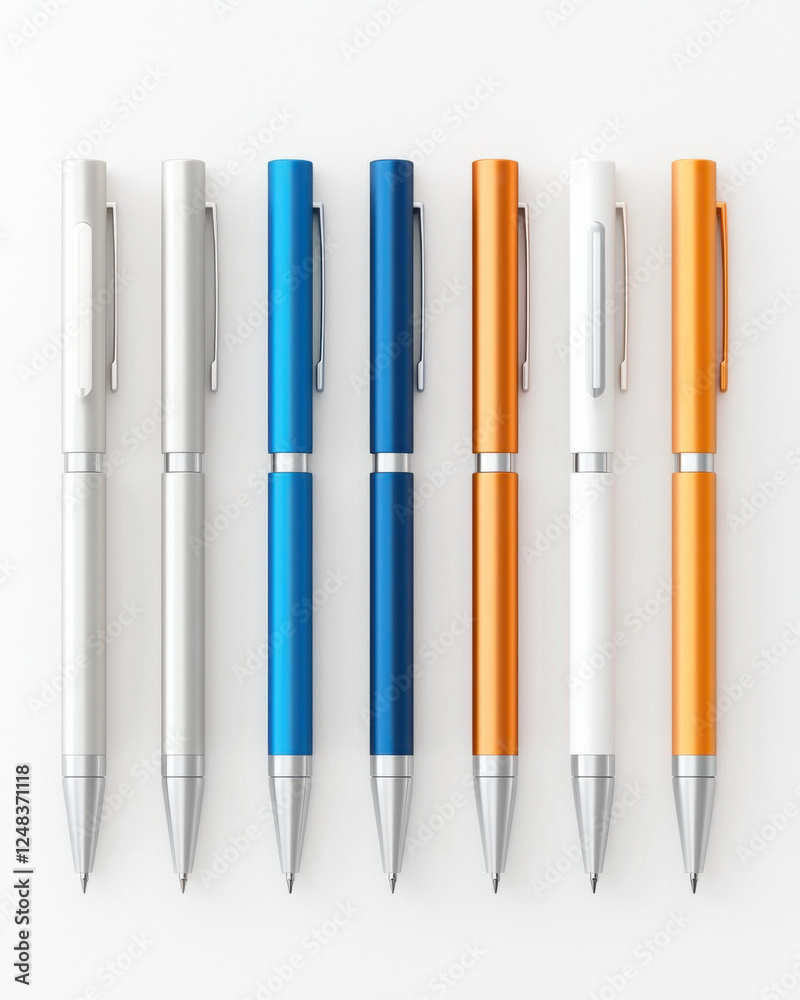 Fototapeta premium Sleek metallic pens in various colors arranged neatly on white background