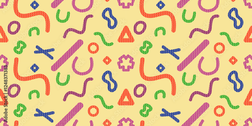 Knitting texture. Doodle seamless pattern background for design with basic shapes.