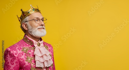 An elderly man in a colorful regal outfit and crown poses against a bright yellow background.