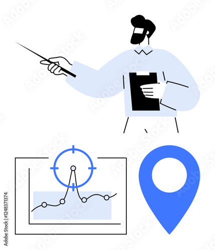Man with a clipboard presents data insights using a pointer, graph with focus target, and location marker. Ideal for analytics, strategy, education, targeting, marketing, training abstract line flat