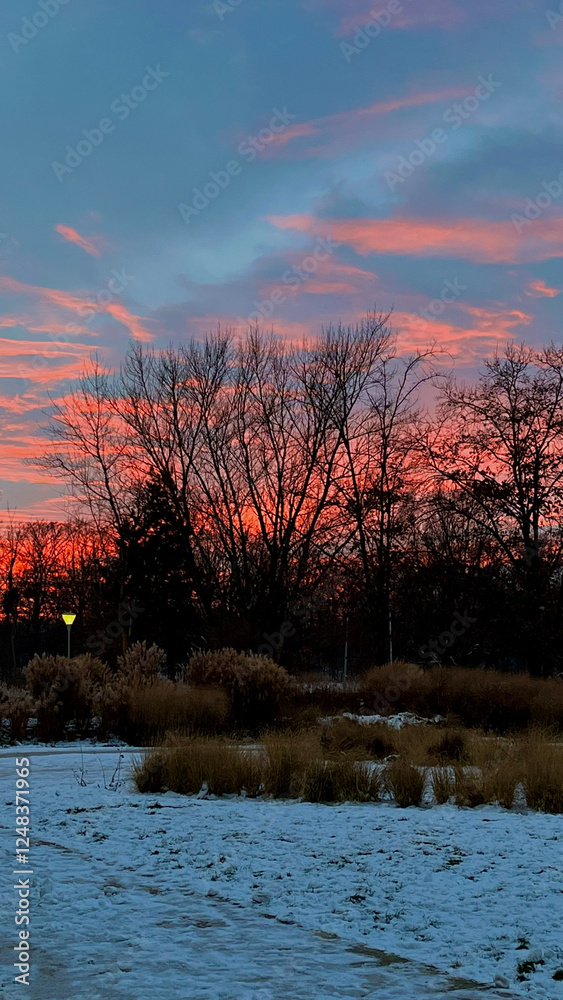 Obraz premium Colorful winter sunset over the Oder River, Poland