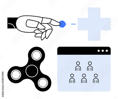 Robotic hand touching digital plus icon, fidget spinner for recreation, and group collaboration screen. Ideal for tech innovation, teamwork, healthcare, productivity, automation, education abstract