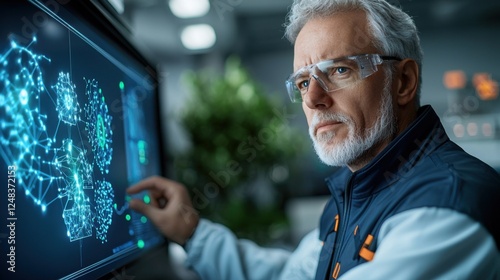 A power station worker in a control room closely monitoring a high tech control panel and data displays showing various metrics and analytics related to the energy production and distribution process