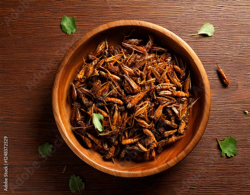 top view of A bowl of crispy fried grasshoppers on a wooden table