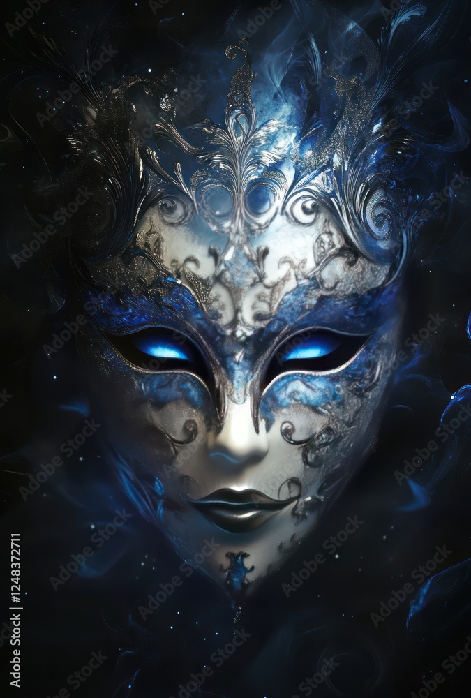 Digital illustration of an intricate Venetian mask with blue and silver highlights, dark background Digital illustration of an intricate Venetian mask with blue and silver highlights, dark background