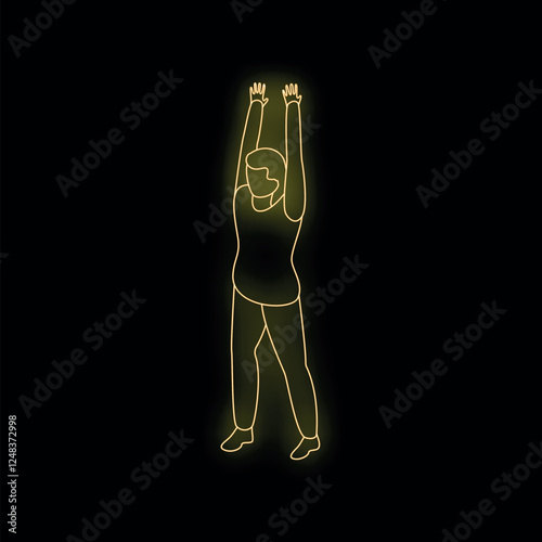 Neon light outline of a man raising arms celebrating success, achievement, or victory