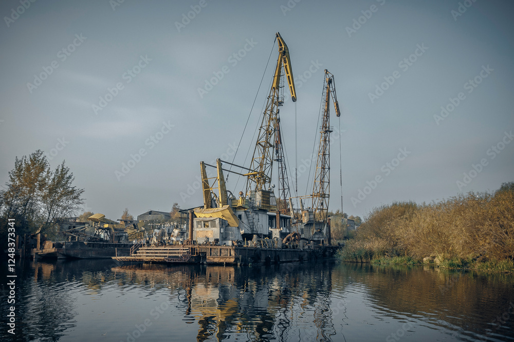 cargo cranes at the port on the Pregolya river in Konigsberg cargo cranes at the port on the Pregolya river in Konigsberg