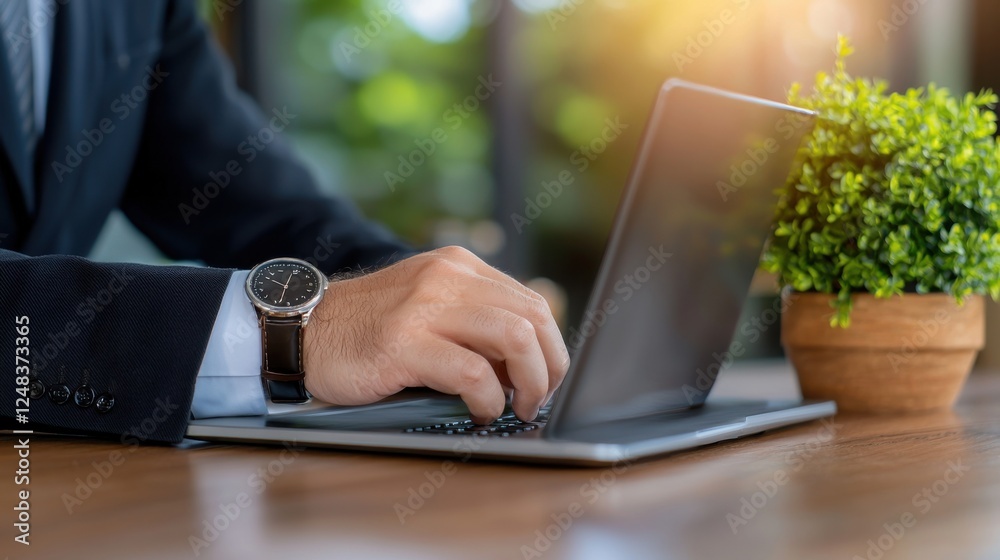 A perfectly curated and efficient modern workplace setup with a laptop watch and decorative plant elements creating a professional and productive environment for the busy executive or entrepreneur A perfectly curated and efficient modern workplace setup with a laptop watch and decorative plant elements creating a professional and productive environment for the busy executive or entrepreneur