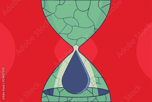 Create an abstract artwork depicting a water droplet suspended within a network of cracked, earth-toned surfaces.  Emphasize texture and contrast.
