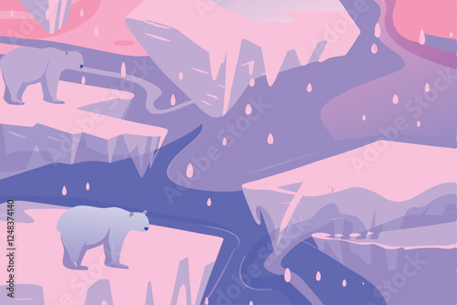 Create an abstract artwork depicting melting icebergs, showcasing distress and environmental fragility through distorted shapes and vibrant color palettes.