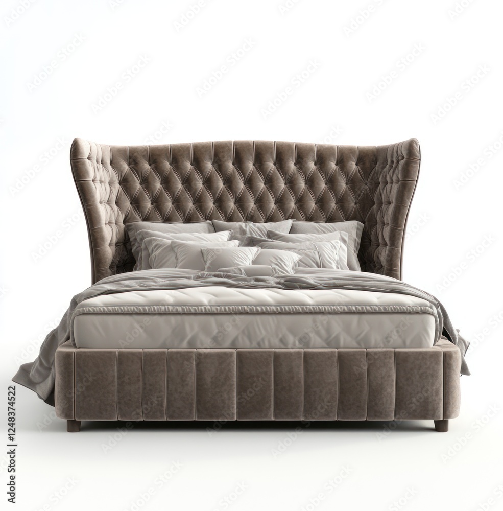 Obraz premium Villa bed, luxurious velvet fabric with a deep diamond-patterned headboard and wide wings, isolated on a white background