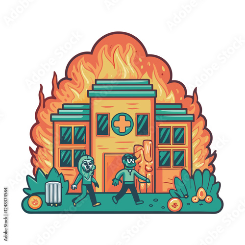 A flaming hospital engulfed in fire, with decaying zombies shambling out amidst the chaos; a post-apocalyptic medical disaster scene.