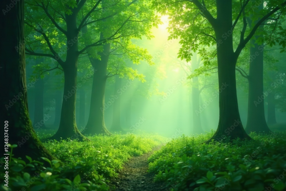 Naklejka premium Abstract green forest, diffused light, hazy atmosphere, backdrop, spring, natural