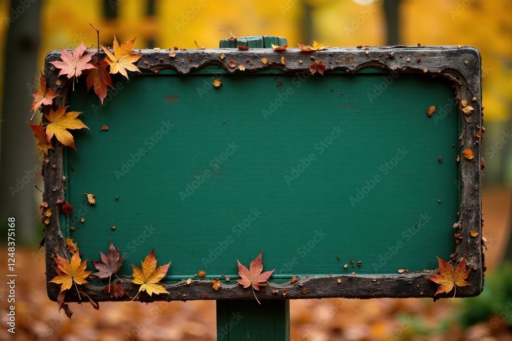 Aged green wood sign; fall leaves log edge detail, country, fall Aged green wood sign; fall leaves log edge detail, country, fall
