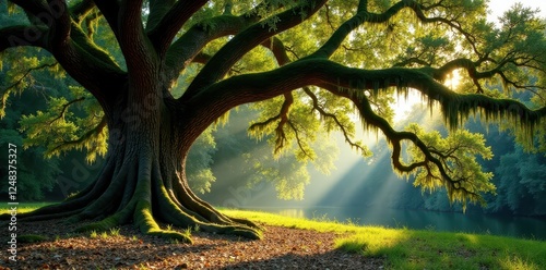 Ancient live oak draped in Spanish moss, John's Island , ocean, sky, south carolina photo