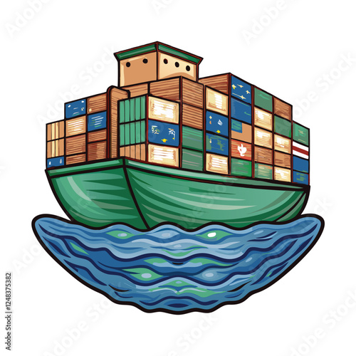 A massive cargo ship overflowing with colossal shipping containers, clearly marked with the number '2', on a calm ocean.