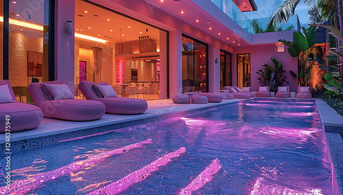 The craziest most extraordinary and extravagant and most vibrant pool in a backyard with RGB lights and bright vibes.