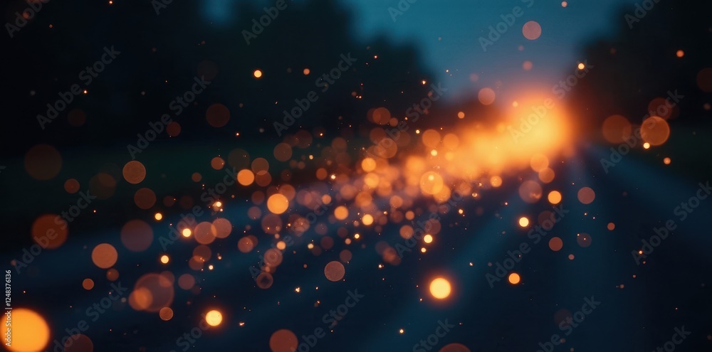 Fototapeta premium Blurred motion of flying sparks, dark backdrop, element, red