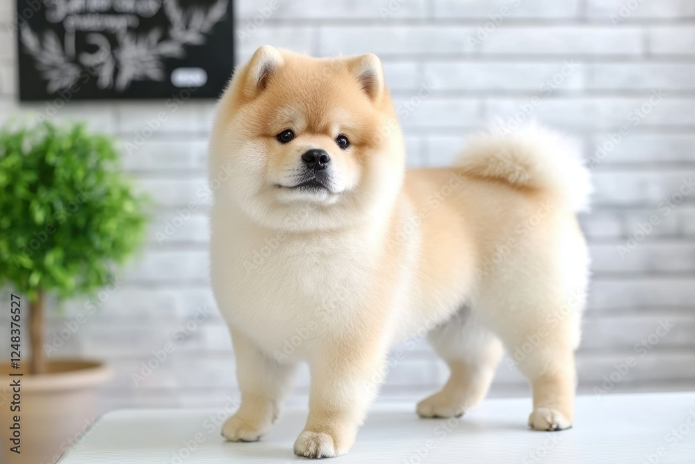 A fluffy, playful dog stands confidently on a table in a bright room with a brick wall background and a small plant nearby. A fluffy, playful dog stands confidently on a table in a bright room with a brick wall background and a small plant nearby.