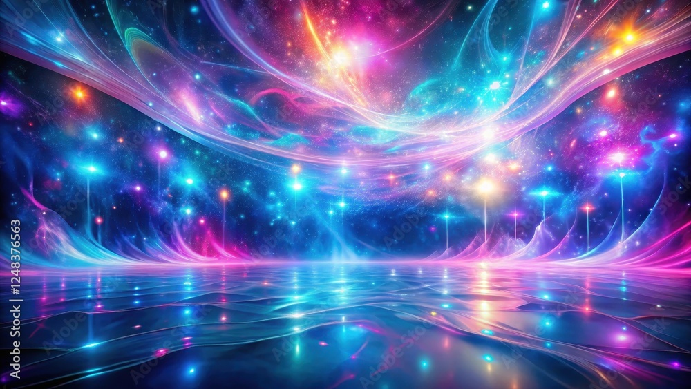 Fototapeta premium Celestial Dreamscape A Reflective Waterscape Under a Vibrant Galaxy of Shimmering Lights and Flowing Nebulae