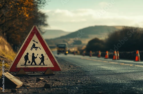 Road Construction Ahead: Workers Repairing Asphalt Road Surface with Tools, Safely Improving Infrastructure